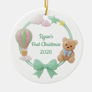 Pastel Teddy Bear Balloon Baby First Christmas Ceramic Ornament