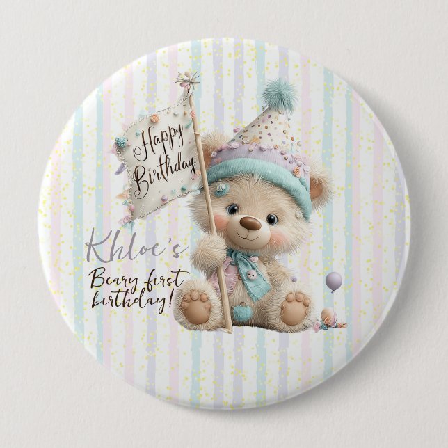 Pastel Teddy Bear Birthday  4 Inch Round Button (Front)
