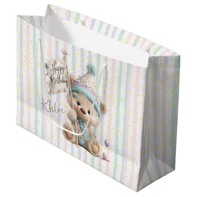Pastel Teddy Bear Birthday  Large Gift Bag (Front Angled)