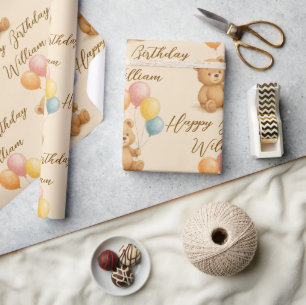 Pastel Teddy Bear Birthday Wrapping Paper   Text