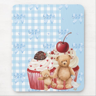 pastel "teddy bear" cupcake kawaii gingham ribbon  mouse pad