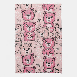 Pastel Teddy Bear Heart Pattern Kitchen Towel
