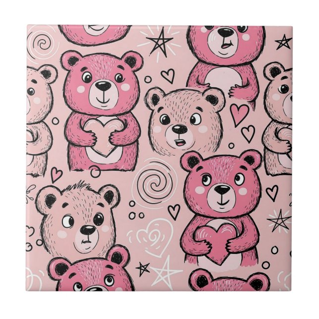 Pastel Teddy Bear Heart Pattern Tile (Front)