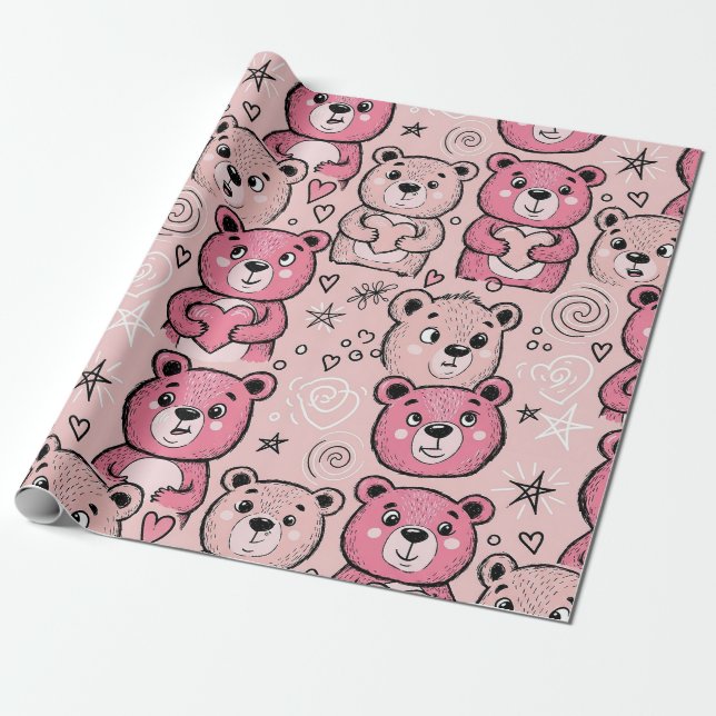Pastel Teddy Bear Heart Pattern Wrapping Paper (Unrolled)