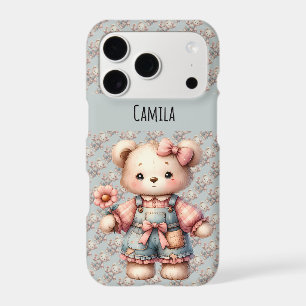 Pastel Teddy Bear Holding Flower Wearing Overalls