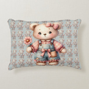 Pastel Teddy Bear Holding Flower Wearing Overalls Accent Pillow