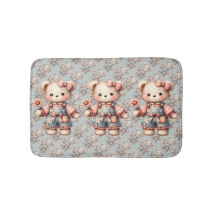 Pastel Teddy Bear Holding Flower Wearing Overalls Bath Mat