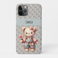 Pastel Teddy Bear Holding Flower Wearing Overalls