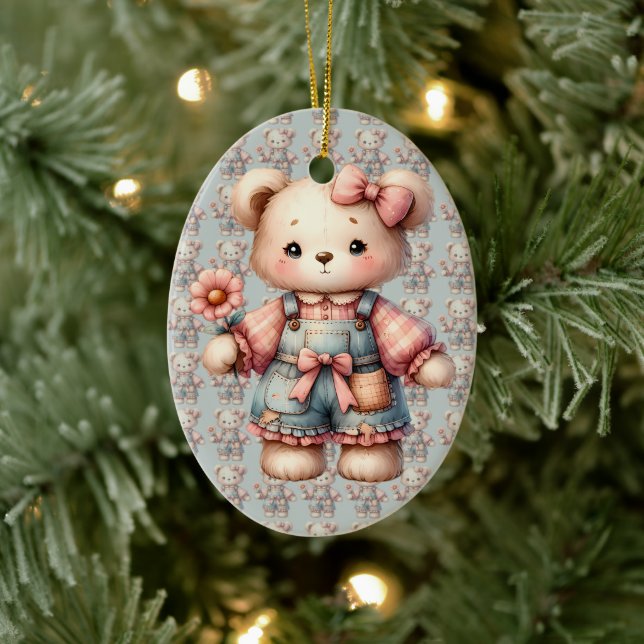 Pastel Teddy Bear Holding Flower Wearing Overalls Ceramic Ornament (Tree)