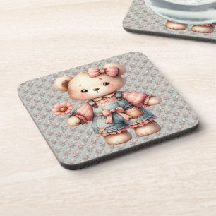 Pastel Teddy Bear Holding Flower Wearing Overalls Coaster