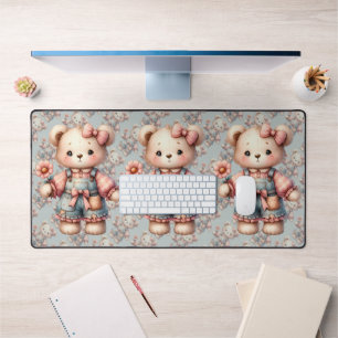 Pastel Teddy Bear Holding Flower Wearing Overalls Desk Mat