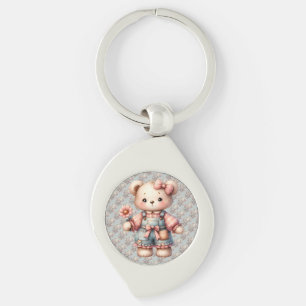 Pastel Teddy Bear Holding Flower Wearing Overalls Keychain