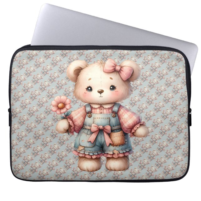 Pastel Teddy Bear Holding Flower Wearing Overalls Laptop Sleeve (Front)