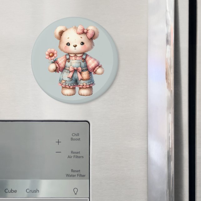 Pastel Teddy Bear Holding Flower Wearing Overalls Magnet (In Situ (Fridge))