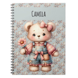 Pastel Teddy Bear Holding Flower Wearing Overalls Notebook