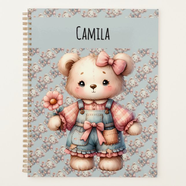 Pastel Teddy Bear Holding Flower Wearing Overalls Planner (Front)