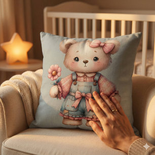 Pastel Teddy Bear Holding Flower Wearing Overalls Throw Pillow