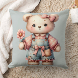 Pastel Teddy Bear Holding Flower Wearing Overalls Throw Pillow