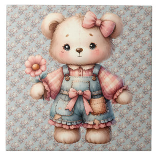 Pastel Teddy Bear Holding Flower Wearing Overalls Tile