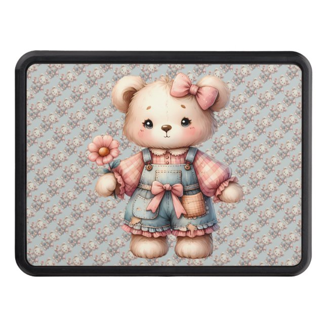 Pastel Teddy Bear Holding Flower Wearing Overalls Trailer Hitch Cover (Front)