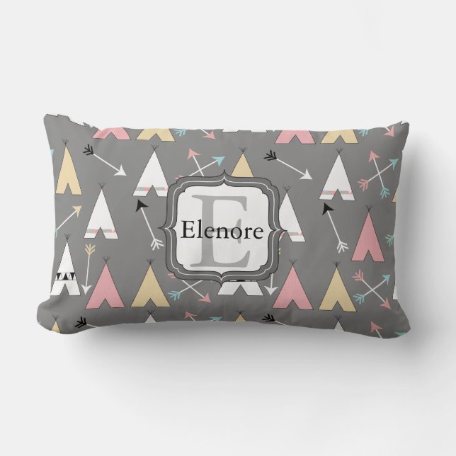 Pastel Teepees and Arrows Monogram Lumbar Pillow (Front)