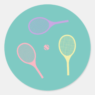 Pastel Tennis Rackets with Tennis Ball on Green   Classic Round Sticker