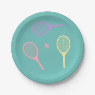 Pastel Tennis Rackets with Tennis Ball on Green    Paper Plate