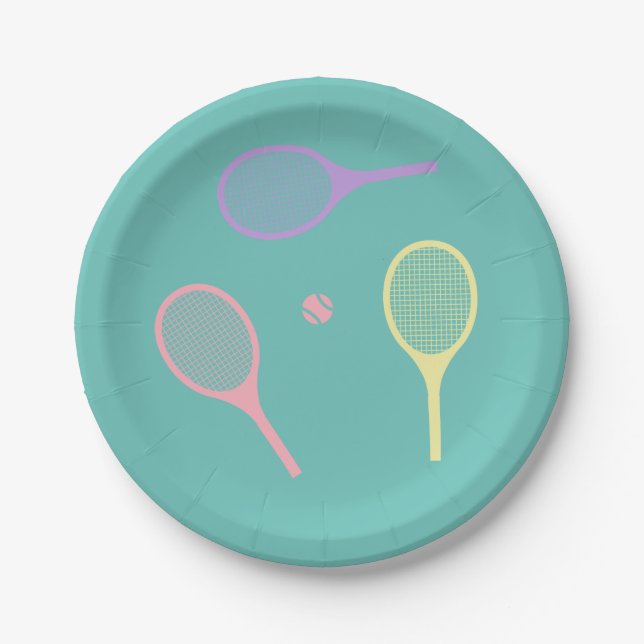 Pastel Tennis Rackets with Tennis Ball on Green    Paper Plate (Front)