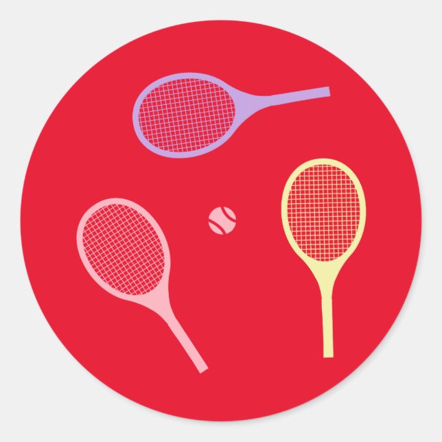 Pastel Tennis Rackets with Tennis Ball on Red   Classic Round Sticker (Front)