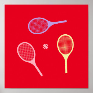 Pastel Tennis Rackets with Tennis Ball on Red Poster