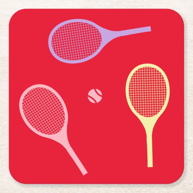 Pastel Tennis Rackets with Tennis Ball on Red   Square Paper Coaster (Front)