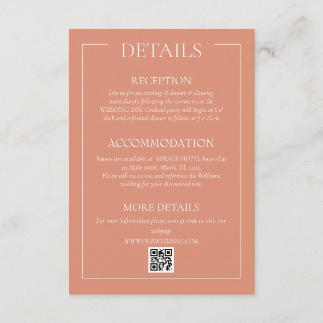 Pastel Terracotta Formal Wedding Details Enclosure Card (Front)