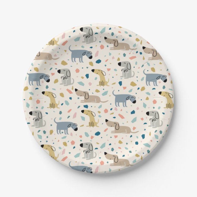 Pastel Terrazzo Funny Cute Dog Pattern Paper Plate (Front)