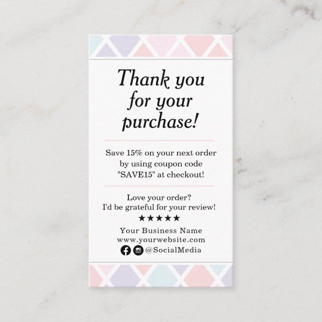 Pastel Thank You For Your Purchase Business Card (Front)