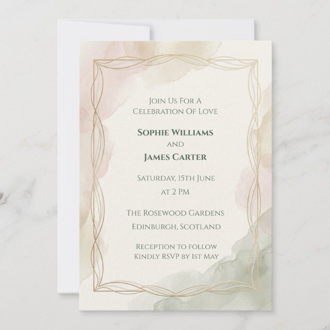 Pastel Thistle Gold Frame Wedding Invitation (Front)