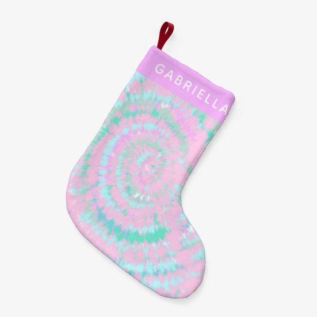 Pastel Tie Dye Pattern Pink Aqua Mint Personalized Small Christmas Stocking (Front (Hanging))