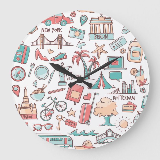 Pastel Tourist Pattern Large Clock (Front)