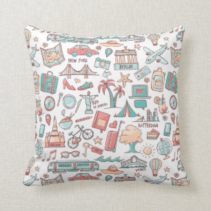 Pastel Tourist Pattern Throw Pillow