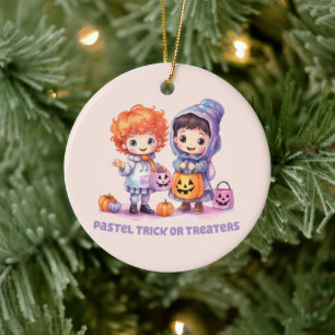 Pastel Trick or Treaters - Cartoon Boy and Girl Ceramic Ornament