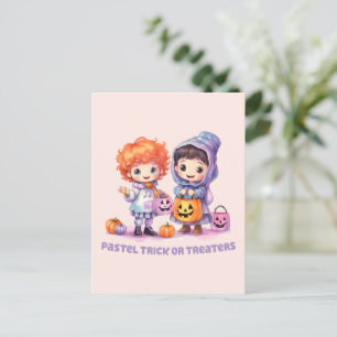 Pastel Trick or Treaters - Cartoon Boy and Girl Postcard