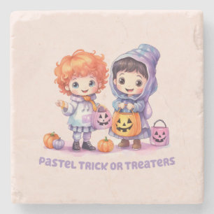 Pastel Trick or Treaters - Cartoon Boy and Girl Stone Coaster