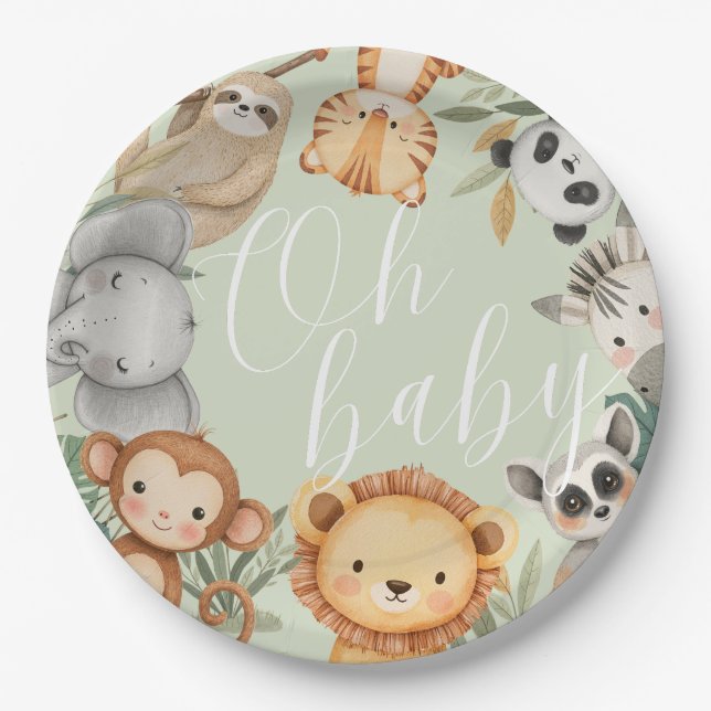 Pastel Tropical baby shower Jungle Safari Animals  Paper Plate (Front)