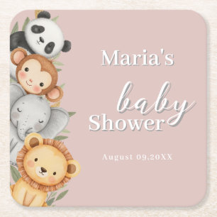 Pastel Tropical Baby Shower Jungle Safari Animals  Square Paper Coaster