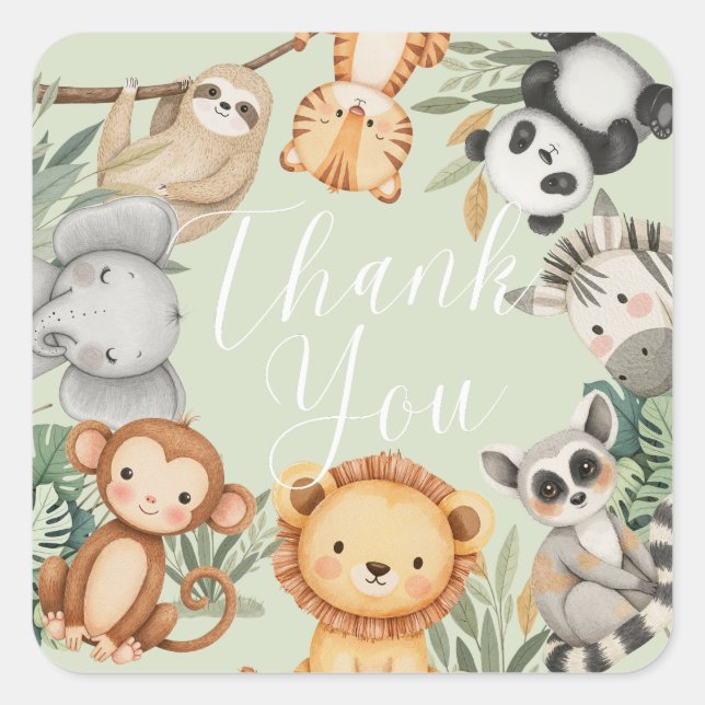 Pastel Tropical baby shower Jungle Safari Animals  Square Sticker (Front)