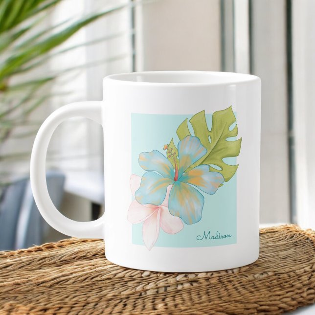 Pastel Tropical Floral Bouquet with Any Name Large Coffee Mug (Creator Uploaded)