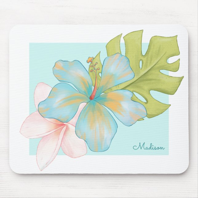 Pastel Tropical Floral Bouquet with Your Name Mouse Pad (Front)