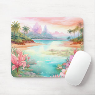 Pastel Tropical Island Beach Sunset Mountains Mouse Pad