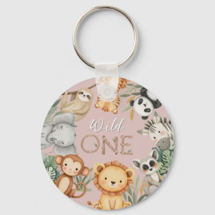 Pastel Tropical Wild One Jungle Safari Animals  Keychain