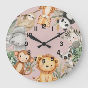 Pastel Tropical Wild One Jungle Safari Animals  Large Clock
