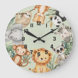 Pastel Tropical Wild One Jungle Safari Animals Large Clock